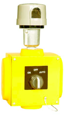 LED Flashing Beacon LED red medium intensity flashing beacon is specified for use on aviation obstructions. All castings are aluminum, all hardware is stainless steel and the lens is glass. There is no plastic. All exterior metal beacon parts are powder coat painted aviation yellow for corrosion resistance that meets the US Military Standard Salt Fog Test conducted per MIL-STD-810E, Method 509.3, Procedure I.