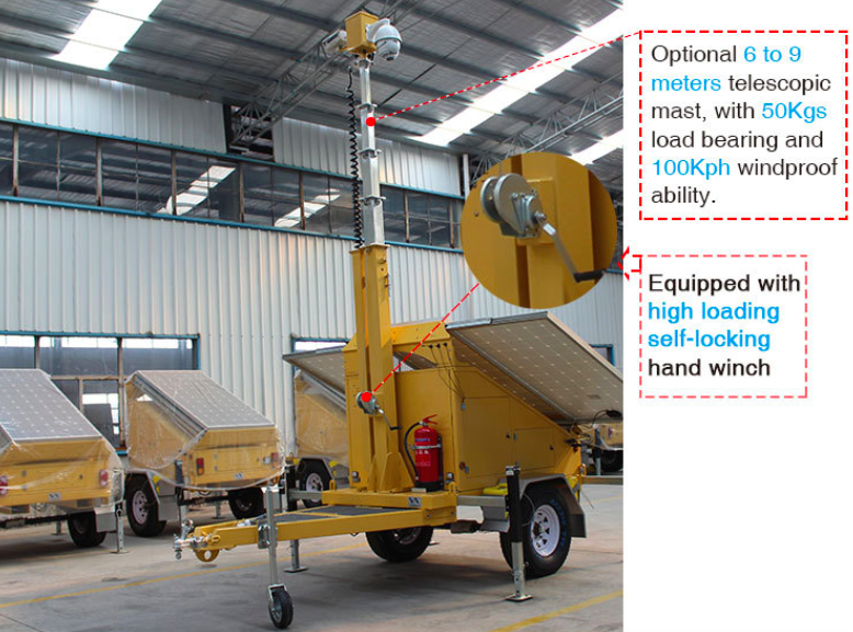 Solar CCTV Trailer Surveillance, Security Solar Light Tower, Refugee Camp Solar CCTV Trailer Night Vision, Mobile Surveillance Trailer Solar CCTV Night, Job Site Solar CCTV Trailer Surveillance, Solar CCTV Trailer Airport Security Night Vision