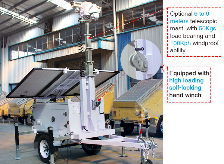 Solar CCTV Trailer Surveillance, Security Solar Light Tower, Refugee Camp Solar CCTV Trailer Night Vision, Mobile Surveillance Trailer Solar CCTV Night, Job Site Solar CCTV Trailer Surveillance, Solar CCTV Trailer Airport Security Night Vision