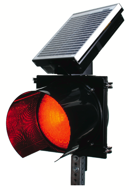 Solar Powered 24 Hour Flashing Stop Beacon Red Self Contained 12 inches (300mm) diameter LED module. Solar Powered 24 Hour Flashing Stop Beacon