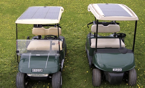 Golf Carts Batteries Solar Powered, OkSolar Electrical Cars Charging system is a line of solar modules designed to make electric carts more productive. Constructed of the latest in thin film solar technology from OkSolar these new modules provide a simple and cost effective path to greener electric carts. Golf Carts Batteries Solar Powered