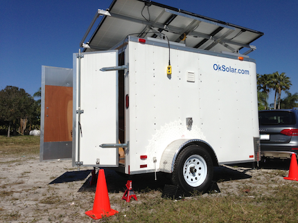 Mobile Solar Power Trailer Provides Power For Emergencies - Estimated Daily Output: 34Kw. - Rugged Military Grade - Rated AC Output: 6,000 Watts - 120/240 V/60 Hz - AC Surge: 12,600 Watts. Cutting edge technology in the newest designs. Solar Powered Trailer Rugged Military Grade