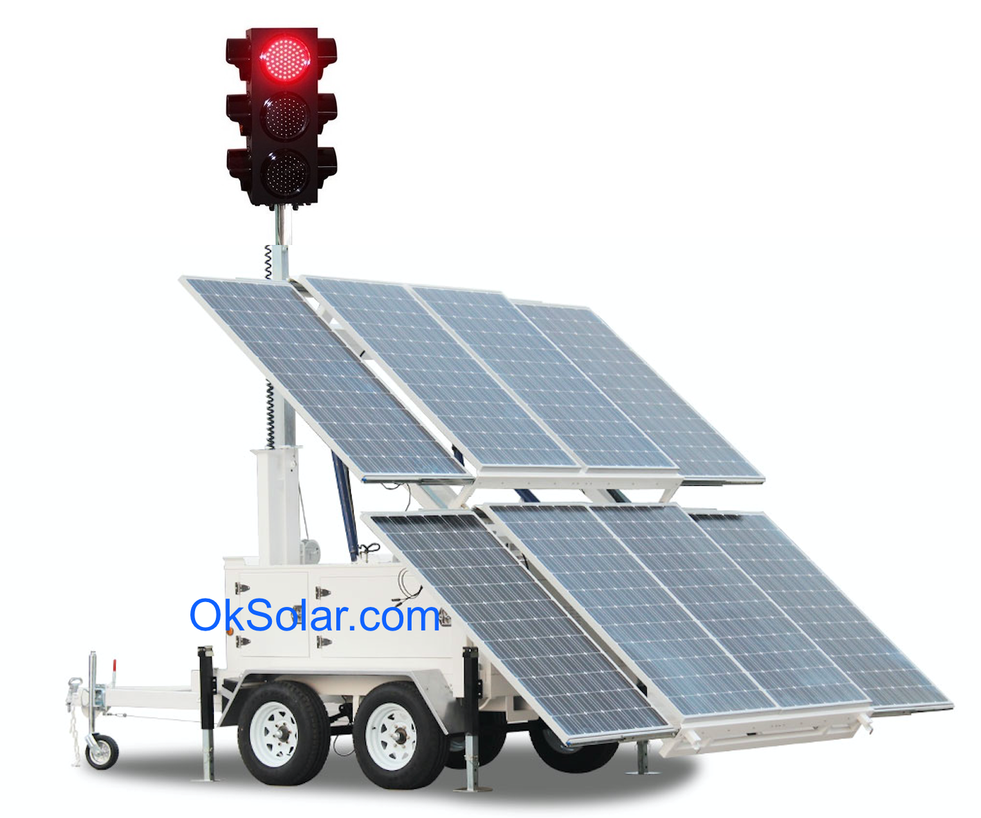 Solar Portable traffic signal | Solar 4 signal directions | 4 pedestrian crossings in fully automatic cycle mode, solution for road work, emergency traffic control, roadside utility repair, parking lot control, pedestrian crosswalks, especially useful on projects requiring overnight traffic control 4 ways Solar Portable Traffic Signal Trailer
